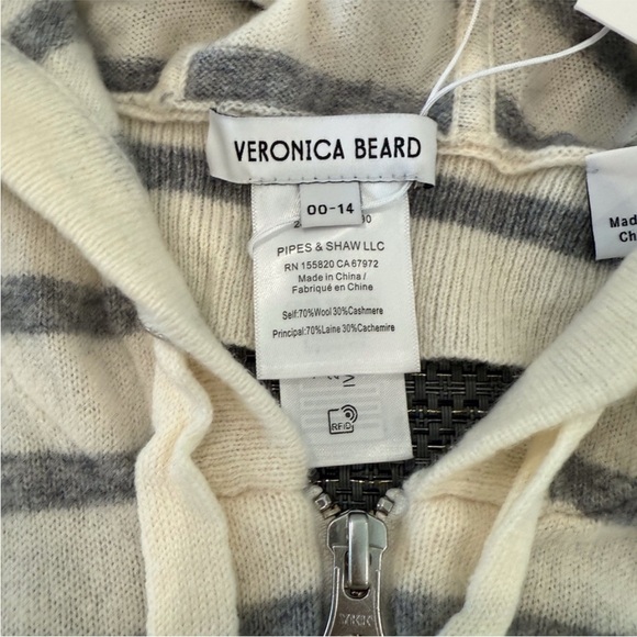 NWOT$298 Veronica Beard Cashmere cream,gray striped Hoodie Dickey jacket insert - Picture 4 of 12